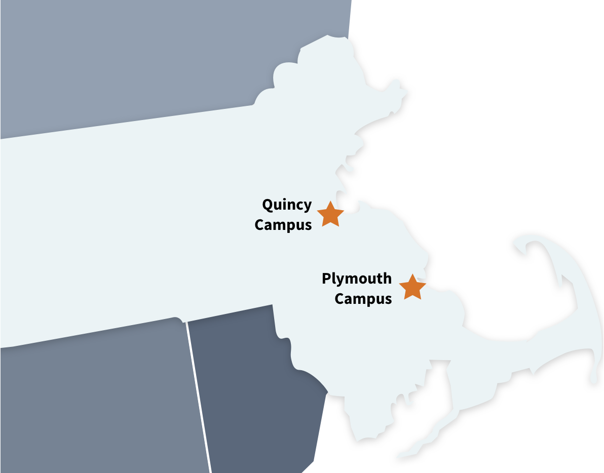 A map showing Quincy College's 2 Locations: Quincy, and Plymouth