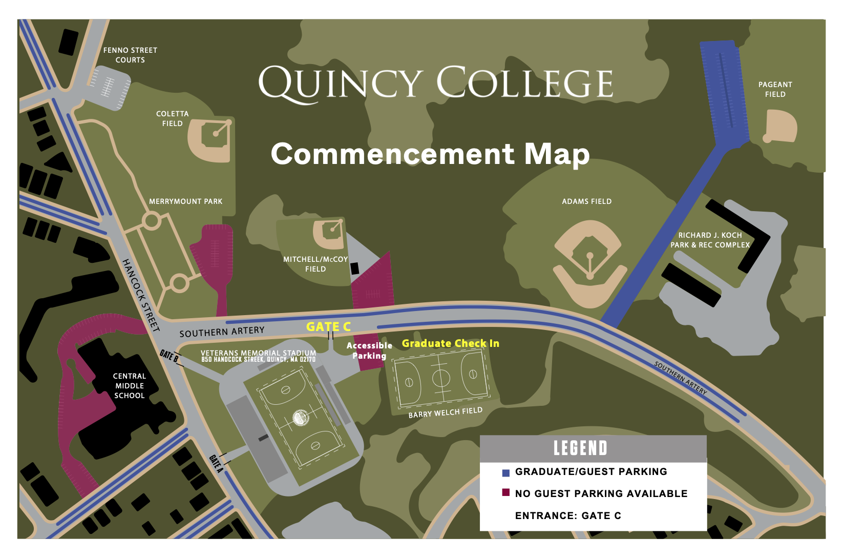 Map of Quincy College Commencement Parking